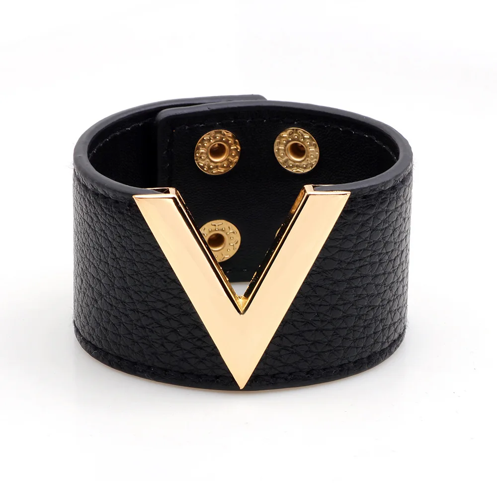 Новинка, Модный женский браслет из натуральной кожи с v-образным вырезом, простые универсальные широкие браслеты для женщин, браслеты - Окраска металла: Style1 Black