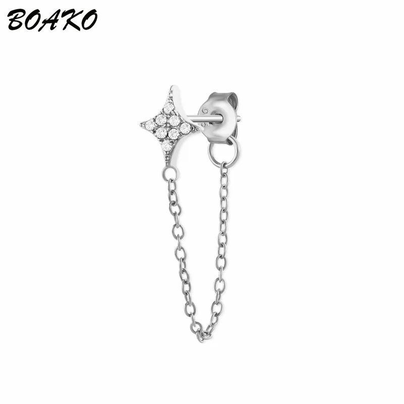 BOAKO, корейские серьги-гвоздики для женщин, ювелирные изделия из стерлингового серебра 925 пробы, длинная нитевая серьга, радужная CZ, луна, звезда, кисточкой, цепочка, серьги