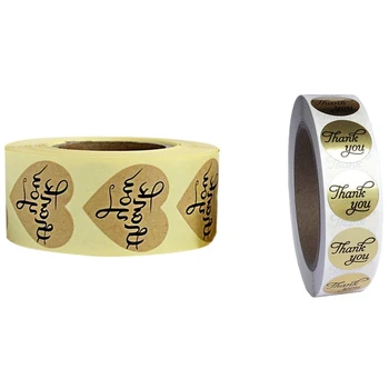 

2 Roll Round Gold Foil Thank You Sticker Labels in Script/Calligraphy Print, 500 Labels Per Roll - 8X5X6cm & 8X5X4cm