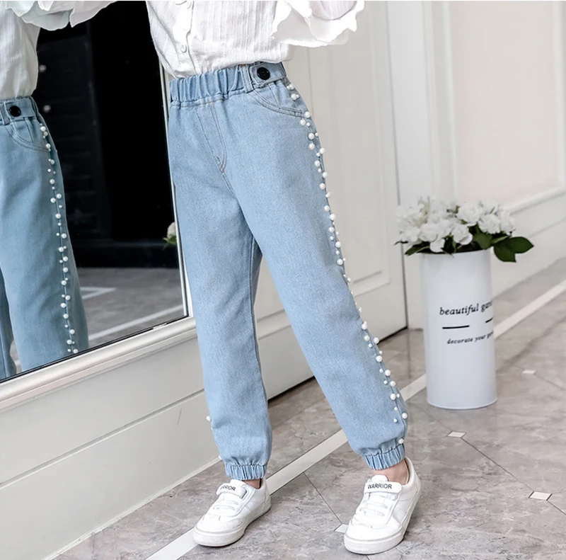 Джинсы для девочек весенне-осенние детские брюки джинсы с бусинами для девочек модная одежда для девочек детские джинсовые штаны для детей 4, 6, 8, 10, 12 лет