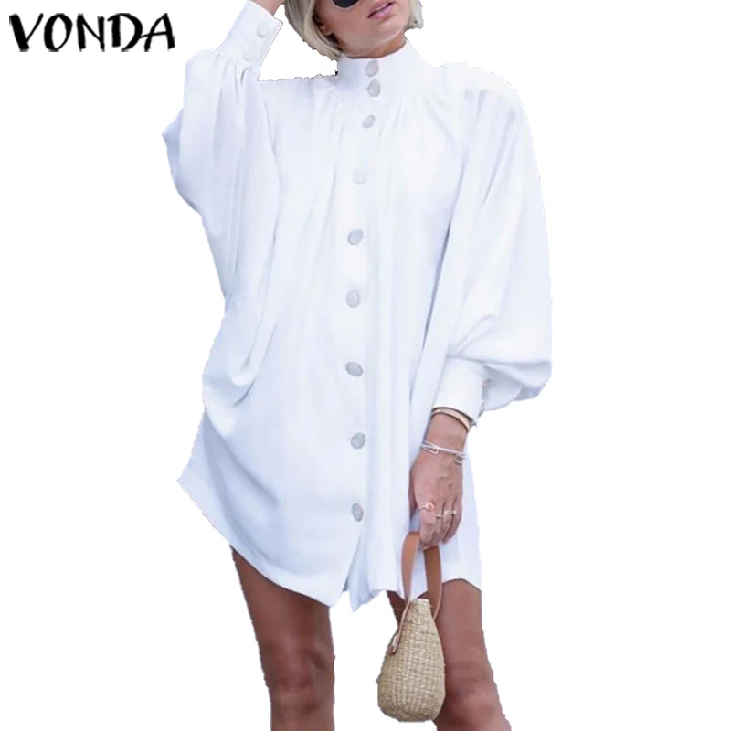 Белый VONDA, женское сексуальное платье с высоким воротом и длинным рукавом-фонариком, весна, вечерние платья-рубашки, летние пляжные платья, сарафан для беременных - Цвет: Белый