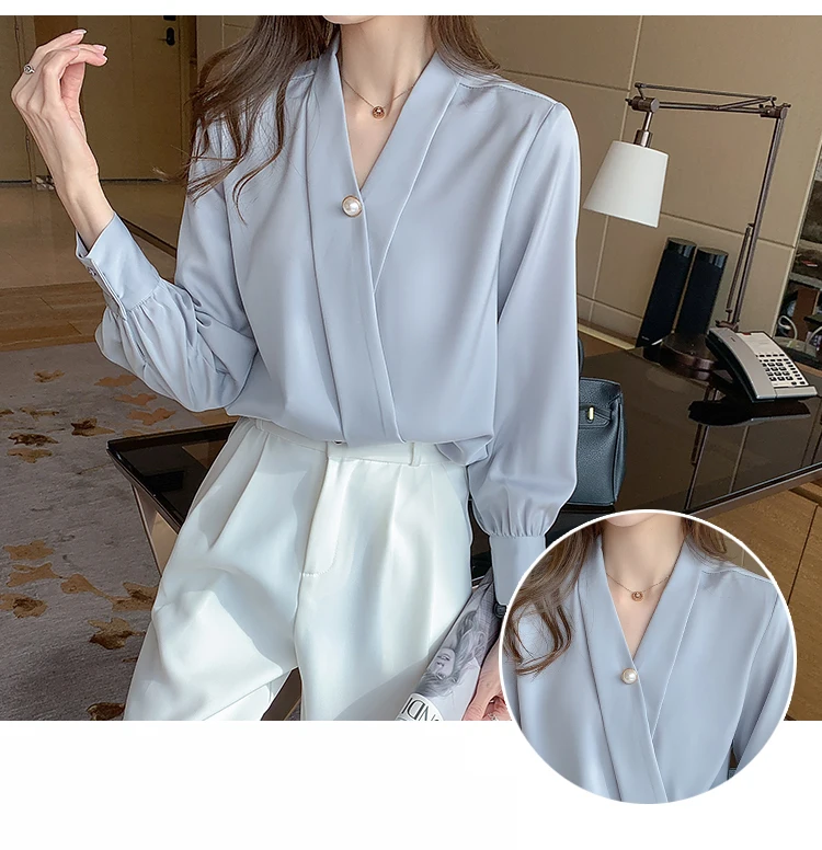 New V-Neck Silk Shirts Women Pullover Short Sleeve Summer Tops 2021 Button Women Blouses Satin Clothing Office Lady Solid Blouse