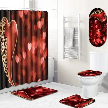 

Valentine's Day Shower Curtain Bathroom Mat Five-Piece Set Toilet Carpet Shower Room Mat Mat
