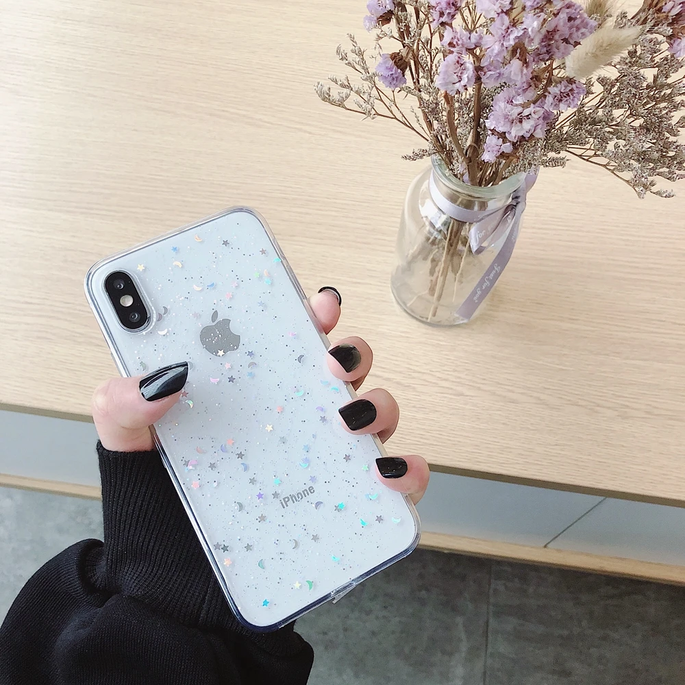 Блестящий тонкий мягкий чехол для iPhone 7, 8, 6, 6s Plus, силиконовый чехол из ТПУ с блестящими блестками и звездами для iPhone 11 Pro Max XR X Xs - Цвет: Transparent