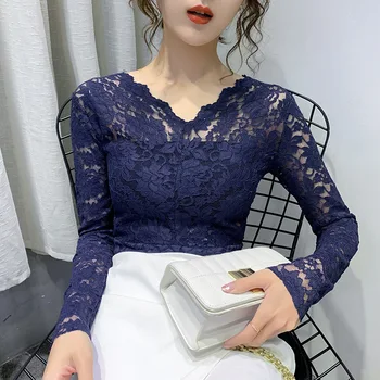 

2020 Season Inside Build Lace Shirt White Long Sleeve V Collar Slim Fit Slim Shoulders Sexy Backing Top Female