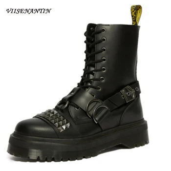 

British Style New Platform Round Toe Med Heel High-top Shoes Chunky Sole Rivet Buckle Women's Boots Lace-Up Motorcycle Boots
