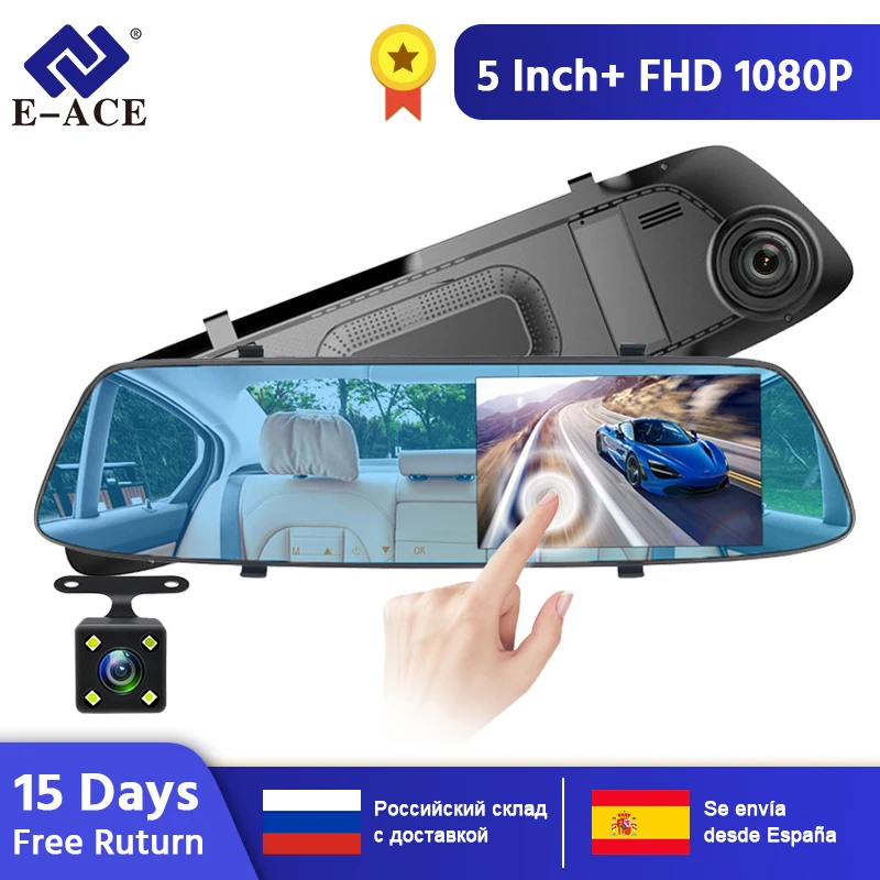 

E-ACE Car DVR Camera 5 inch Touch Screen Dual Lens Rearview Mirror Video Recorder FHD 1080P Automobile DVR Mirror Dash cam