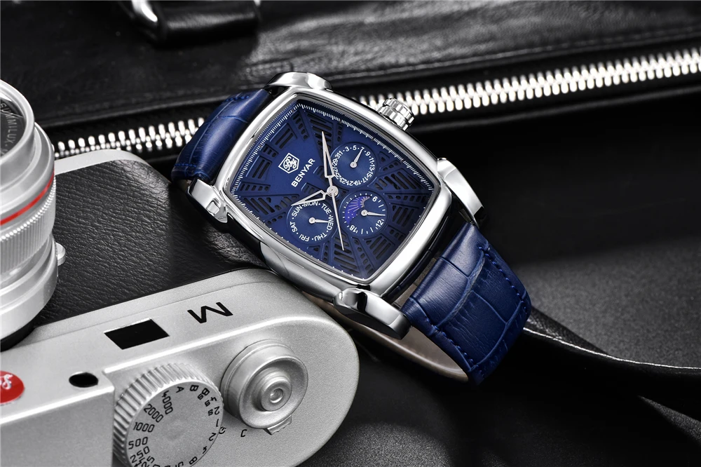 Модные Роскошные Топ бренд benyar мужские часы кварцевые синие мужские наручные часы Moon phase повседневные водонепроницаемые часы Reloj Hombre