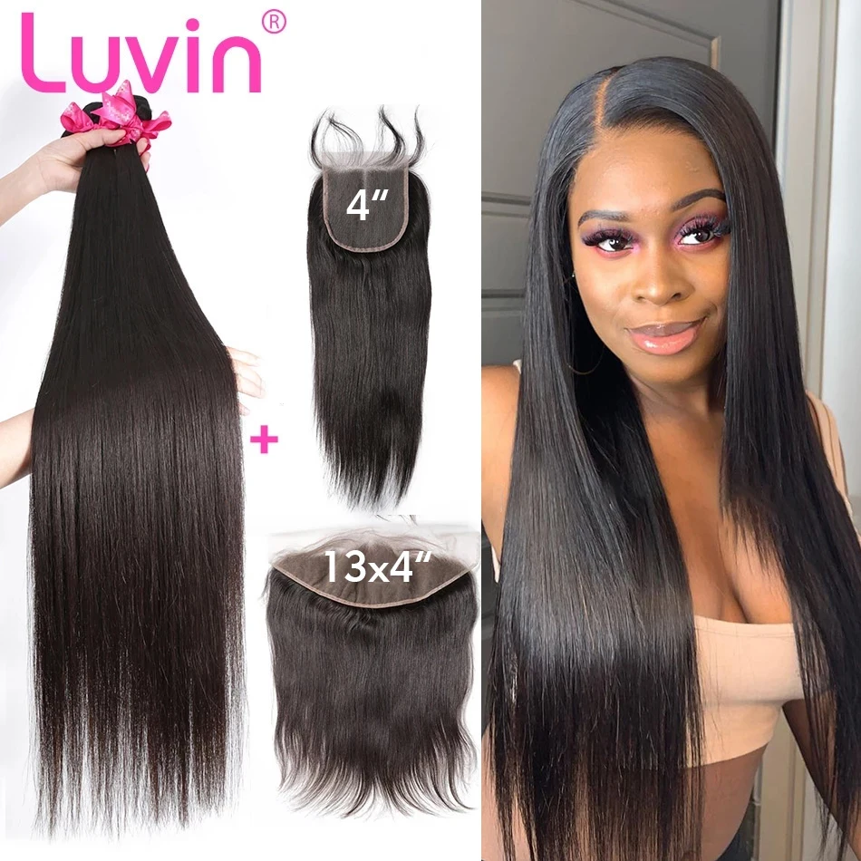 Luvin 28 30 32 34 40 pulgadas brasileño recto de la armadura del pelo 3 4 mechones con 13x4 de encaje Frontal y cierre Remy 100% cabello humano