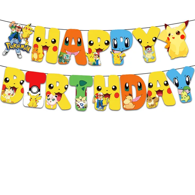 Pokemon Birthday Party Decorations Pikachu Foil Balloons Disposable Tableware Plate Napkin Backdrop For Kids Boy Party Supplies Birthday flag B