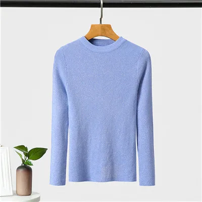 GCAROL женский яркий трикотажный свитер с круглым вырезом, эластичный тонкий короткий вязаный пуловер осень-зима, офисный джемпер, визуально вязанные Топы - Цвет: Light Blue