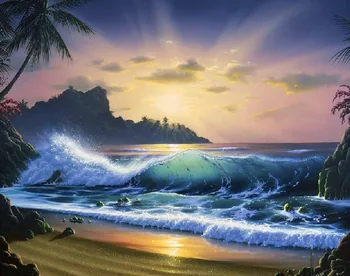 

DIY Customizable Wholesale round Diamond Full of Crystals Diamond Embroidered Waves Beach Coconut Trees Sky Diamond Painting