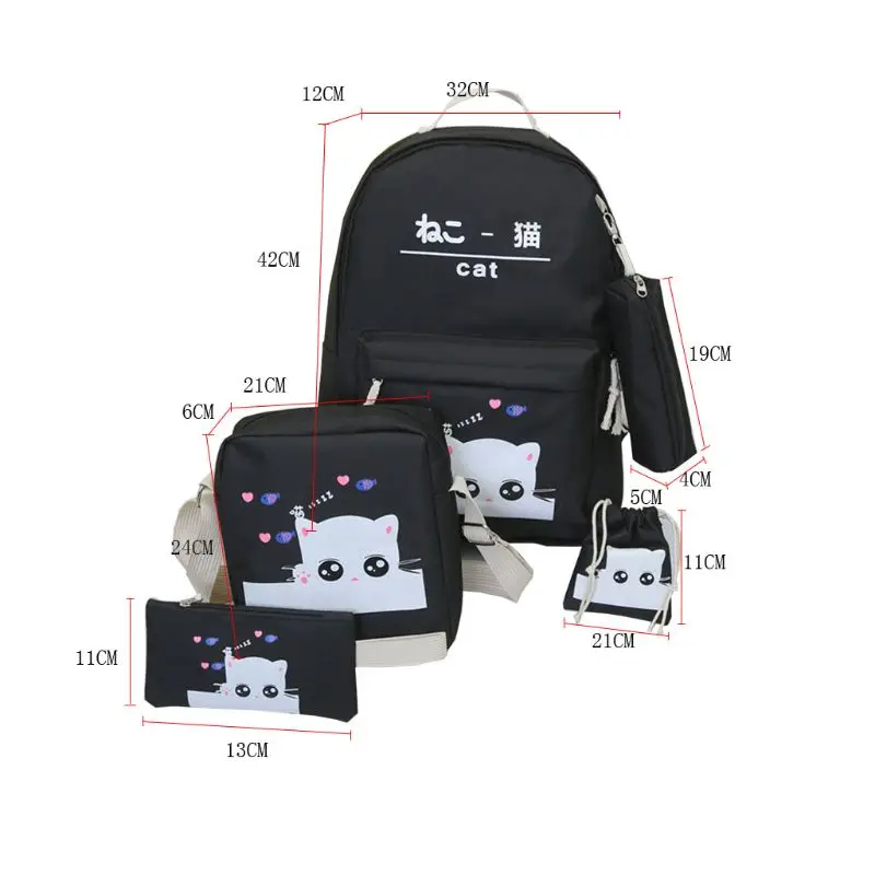 5pcs Adorable Cute Cat Print Canvas Women Girl Backpack Laptop Daypack Student School Shoulder Bag Bookbag Pencil Case Purse Set