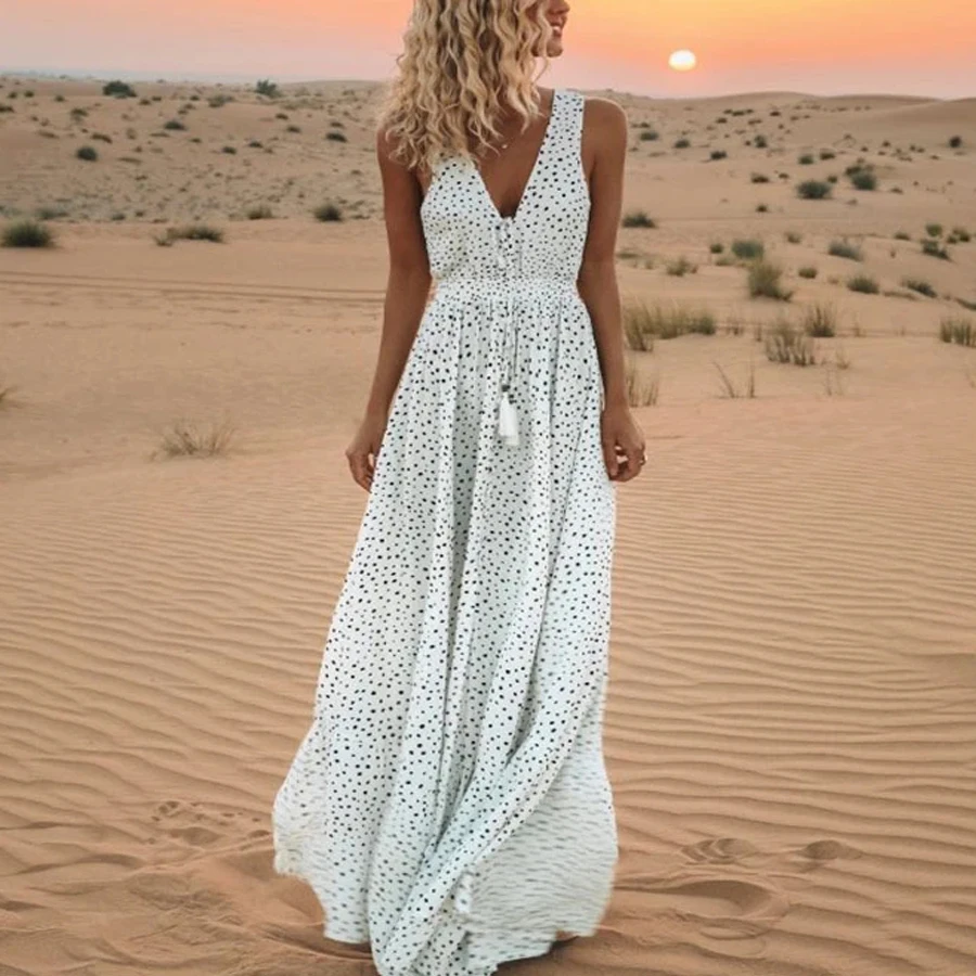 TEELYNN sexy sleeveless deep v neck maxi women dresses summer vintage cotton rayon white polka dot dress boho beach vestidos | Женская