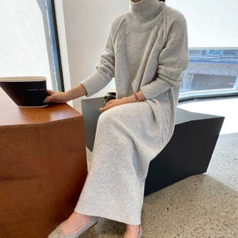 2020 Sweater Dress Women Winter New Fashion Plus Size Turtleneck Knitted Sweater Dress Korean One-Piece Elegant Loose Long Dress