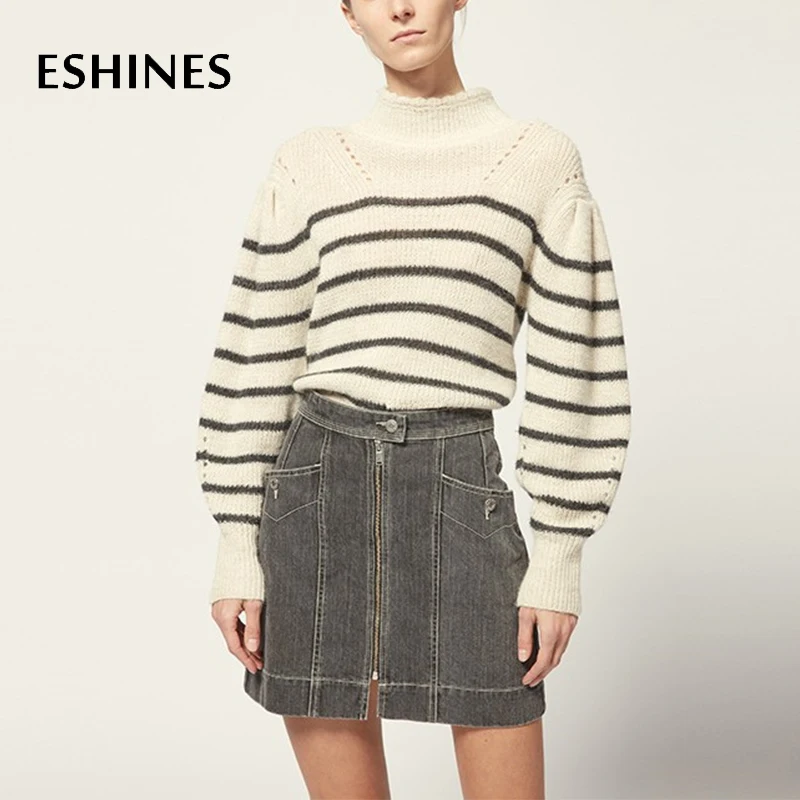 ESHINES High Quality Autumn Women Sweater Casual Turtleneck Puff Sleeve Hollow Out Striped Pullover Knitting | Женская одежда