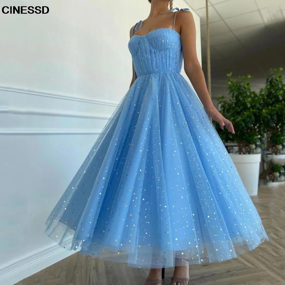 satin prom dress Blue Prom Dresses Pleats Beads Applqiues Sweetheart Spaghetti Straps Tulle Tea Length A-Line Evening Gowns ball gown dress