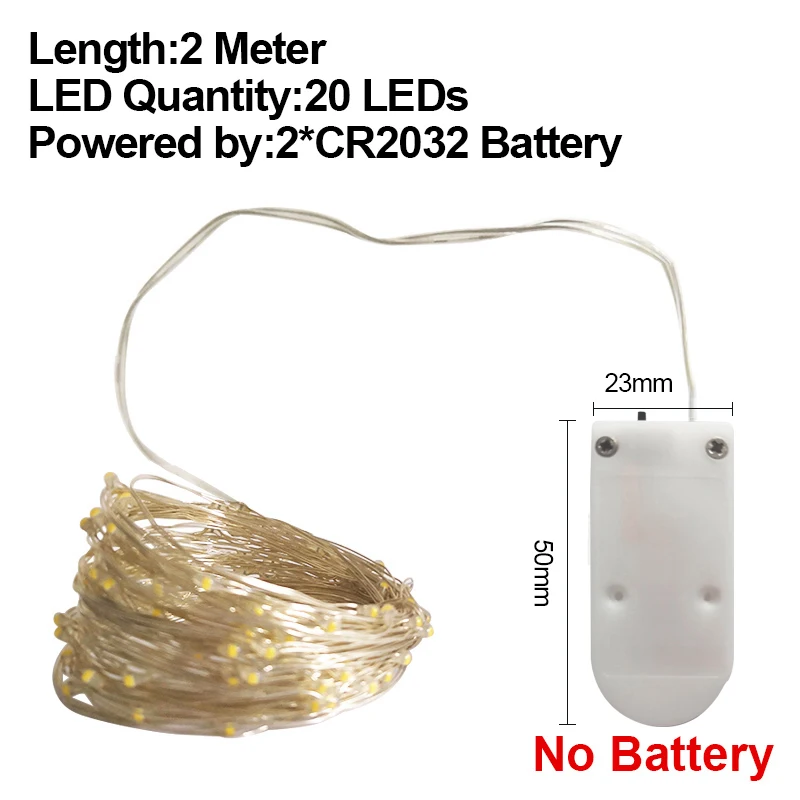2M CR2032 No Battery Светодиодный Сказочный светильник 2-10 м гирлянда CR2032 AA на батарейках медный провод водонепроницаемый для наружного Рождественского украшения - Испускаемый цвет: 2M CR2032 No Battery