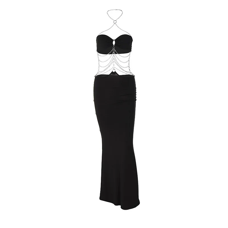 Vestido de fiesta con cuello halter y cadena de metal para mujer, vestido largo sexy sin mangas de noche, vestidos elegantes cruzados para mujer, ropa