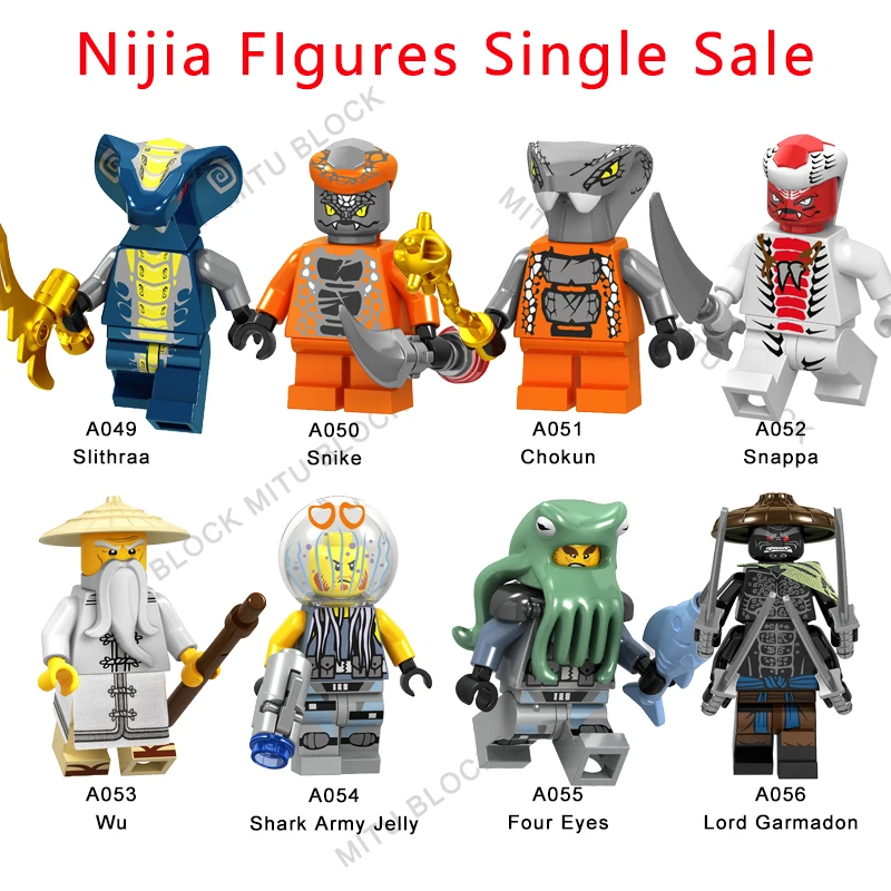 

Single Sale Ninja Brick Slithraa Snike Chokun Snappa Wu Shark Army Jelly Four Eyes Lord Garmadon Building Block A049-A056