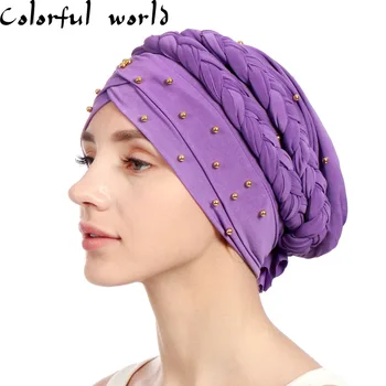 

Muslim Braided Milk silk Indian Beads Braid Toque hat Turban Hijab Islamic Chemo Cap Ladies Stretch Head Wrap Head Scarf 11Color