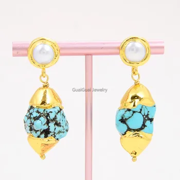 

GG Jewelry White Pearl Blue Turquoise Gold Plated Stud Earrings