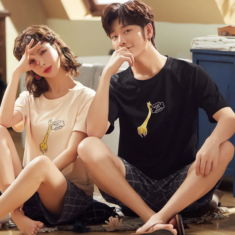 

2020 Couples Pajamas Summer 6535 Short Sleeve Korean-style Cute Nightgown Women's Summer Thin Men Homewear Set