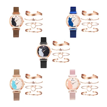 

5pcs/Set Fashion Women Mesh Strap Wristwatch Rhinestone Bracelet Cute Cat Dial Quartz Analog Watch for Girls Jewelry Gifts#38