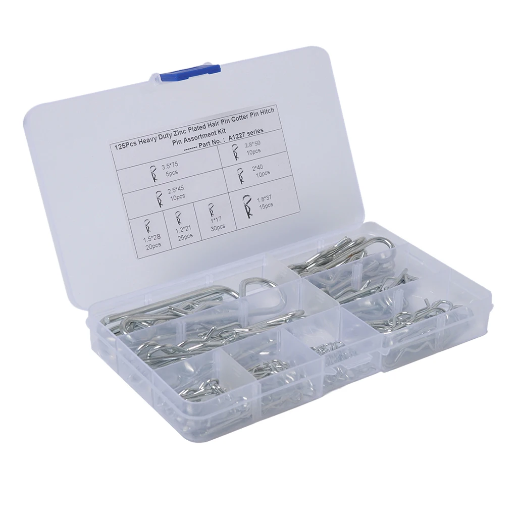 R Cotter Pin Tractor Pin Clip Assortment Fastener Set 8 Different Sizes with Plastic Box Set of 125pcs