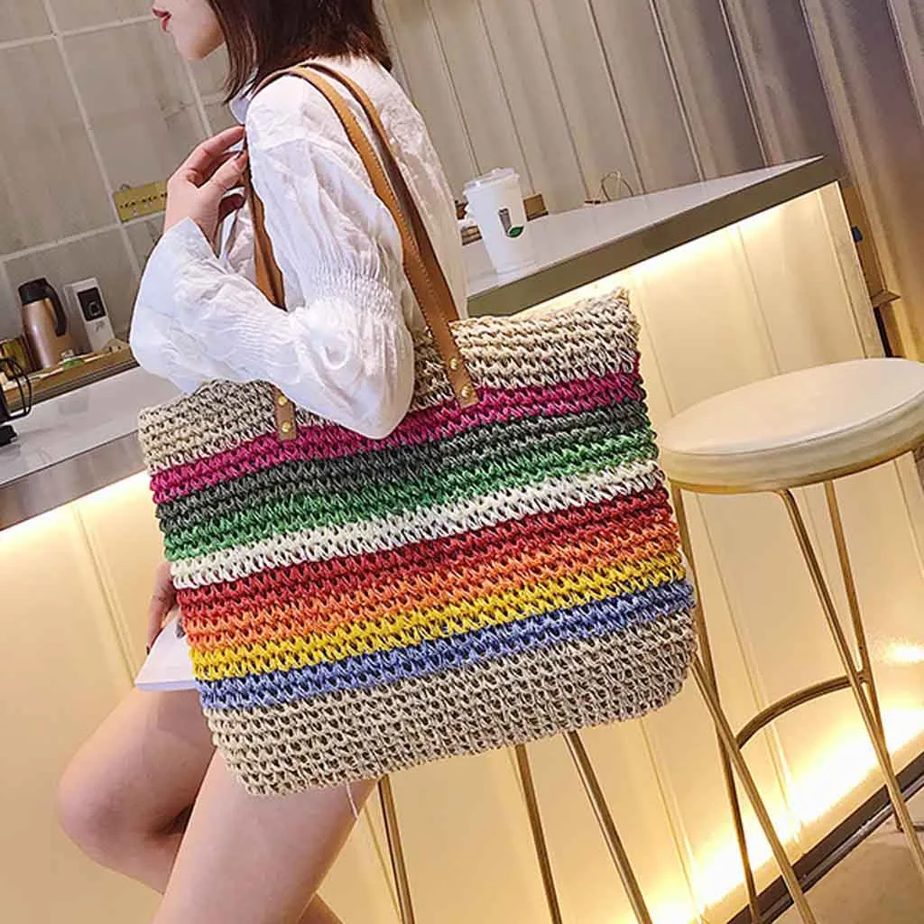 2019 New Bag Women's Fashion Woven Rainbow Color Matching Linen Large Capacity Handbag Shoulder Bolso Mujer | Багаж и сумки