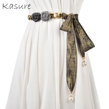 

KASURE Self-tie Flower Beads Decorative Dress Belt for Women Pearl Pendant Clothes Waistband Lightweight & Floral Print Belt