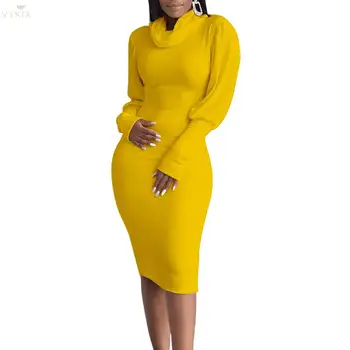 

Casual Dress Elegant Turtleneck Simple Autumn Pencil Womens Dresses Mid Slim Solid Color Lantern Sleeves Party Bodycon Dresses