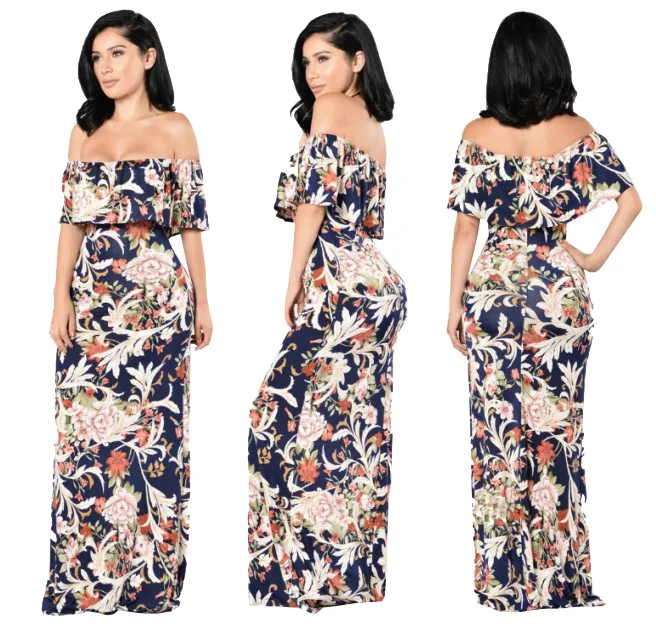 

Fashion Europe And America Horizontal Neck Big Hemline Flounced Long Skirts Bohemian Retro Long Skirts Spring And Summer New Sty