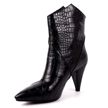 

Crocodile Pattern PU Yellow Pointed Tapered Heel Ankle Boots Microfiber Sleeve Check Pattern Autumn Women's Boots Super High