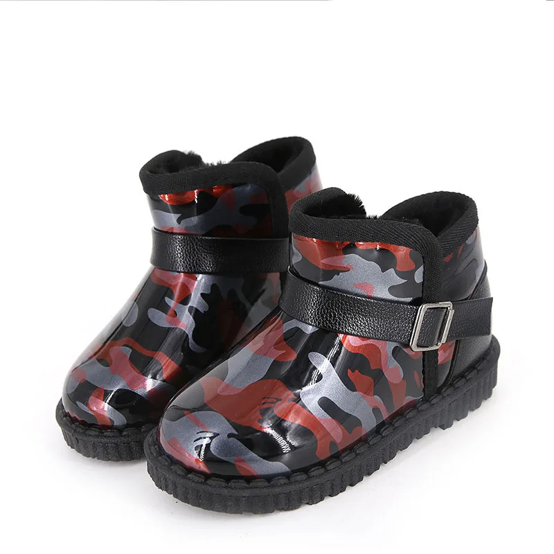 

New Waterproof PU Leather Children Snow Boots for Snowy Day Camouflage Boys Girls Warm Short Boots Frigid Kids Flat Shoes D09262