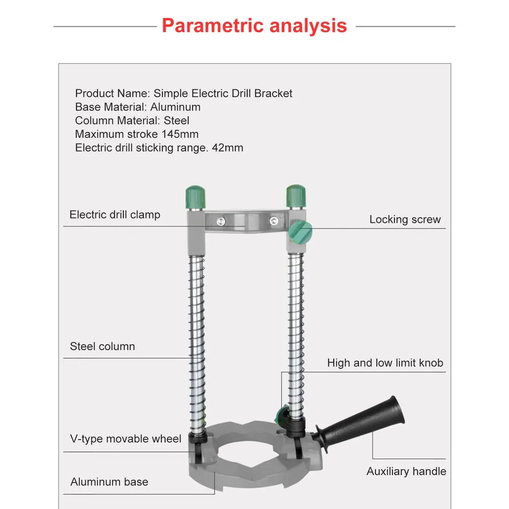 Electric Pipe Hand Drill Drilling Guide Holder Stand with Adjustable Angle Removable Handle DIY Woodworking tool