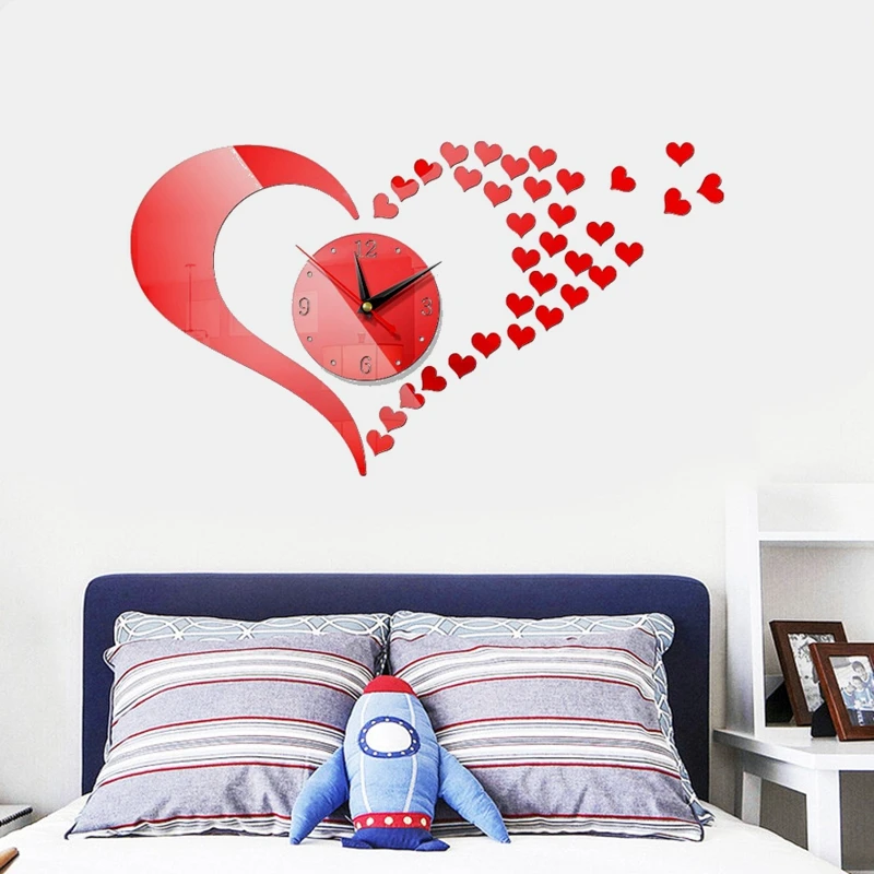 

3D Wall Clock Silent Digital Clock Cheap Diy Mirror Effect Home Decoration Simple Style Still Life Heart-shaped Wall Stickers