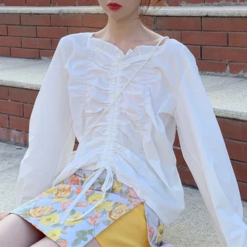 

Women White Shirt Spring Summer 2020 New Korean Style Loose Pleated Square Collar Students Long Sleeve Casual Drawstring Tops