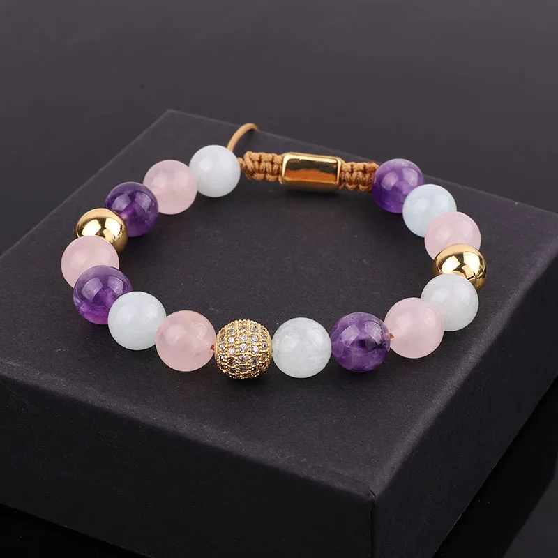 New Design 10mm Colorful Natural Stone Amethyst/Rose Quartz/Jade Beads CZ Pave Charm Friendship Macrame Bracelet Women - Image 2