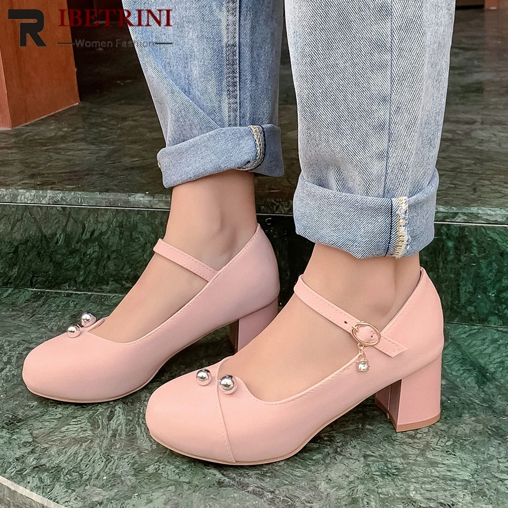 

RIBETRINI New Brand Lady Pumps Round Toe Crystal Shallow High Heel Pumps Women Consise Spring Proom Shoes Woman