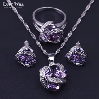 

New Women Silver Color Bridal Wedding Costume Jewelry Sets Fine round Pendants Necklaces Earring Rings Set Accessory
