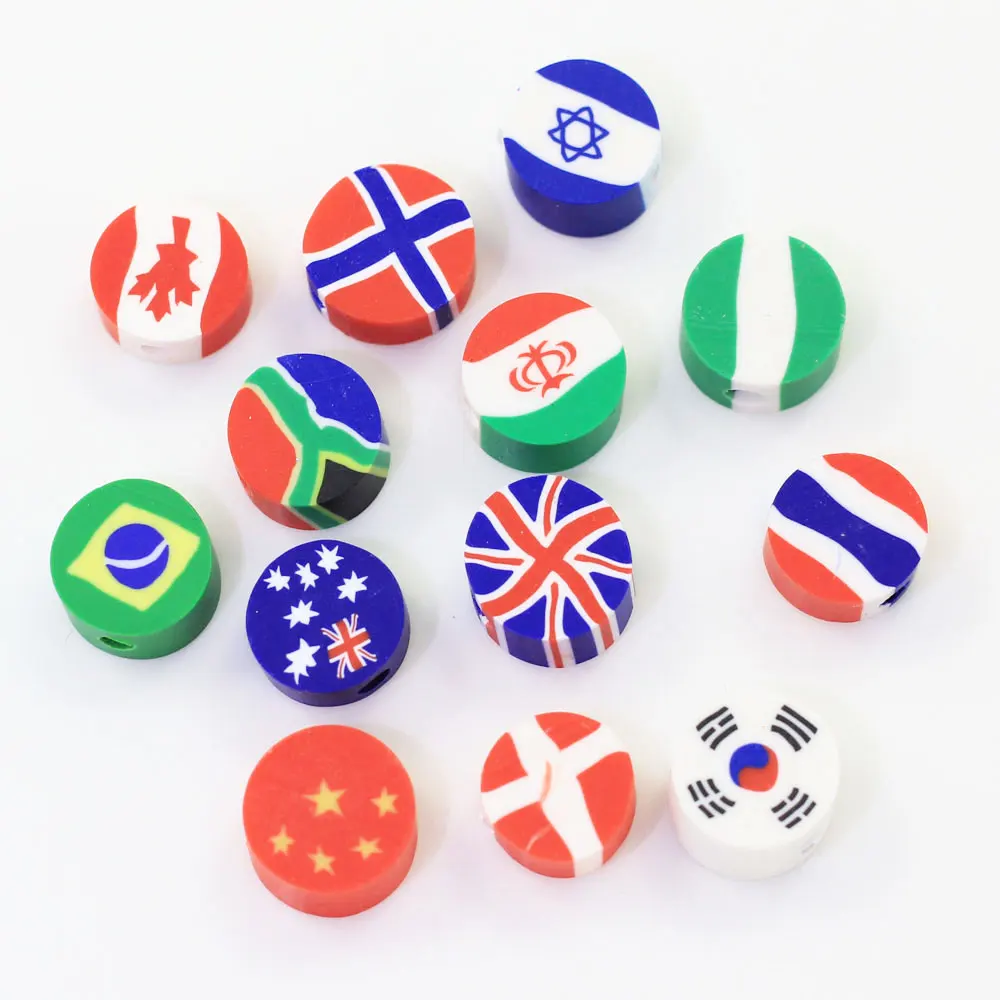 

200/100pcs Wholesale 10mm Mixed Designs National Flag Polymer Clay Charm Spacer Beads For DIY Craft