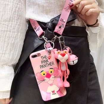 

For iphone 11 pro Pink panther case, Cute Smooth skin Soft Cover case for iphone XS max XR X 6 6S 7 8 plus Fudas +toy + strap