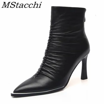 

Mstacchi Platform Pleated Back Zipper Pointed Women Ankle Boots For Woman New Designer Mature Sexy Madam Shoes Zapatillas Hombre