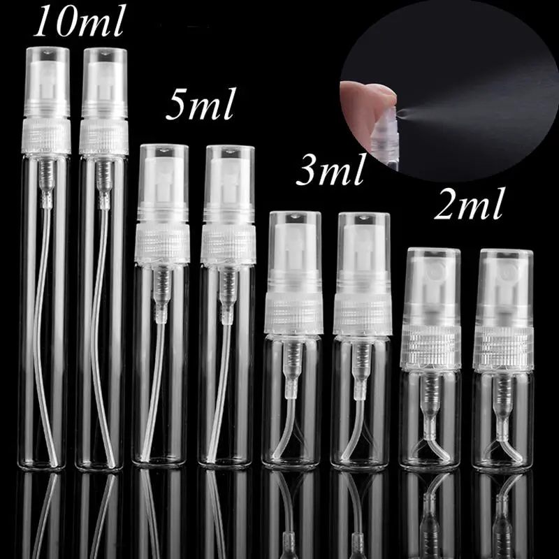 

50pcs/lot 2ML 3ML 5ML 10ML Clear Glass Spray Bottle Portable Perfume Atomizer Mini Sample Test Tube Bottle Thin Glass Vials