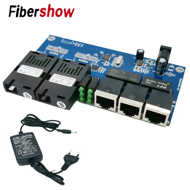 Оптический медиаконвертер Fast Ethernet одномодовый 3 RJ45 и 2 SC 10/100M порт PCBA|Коробки