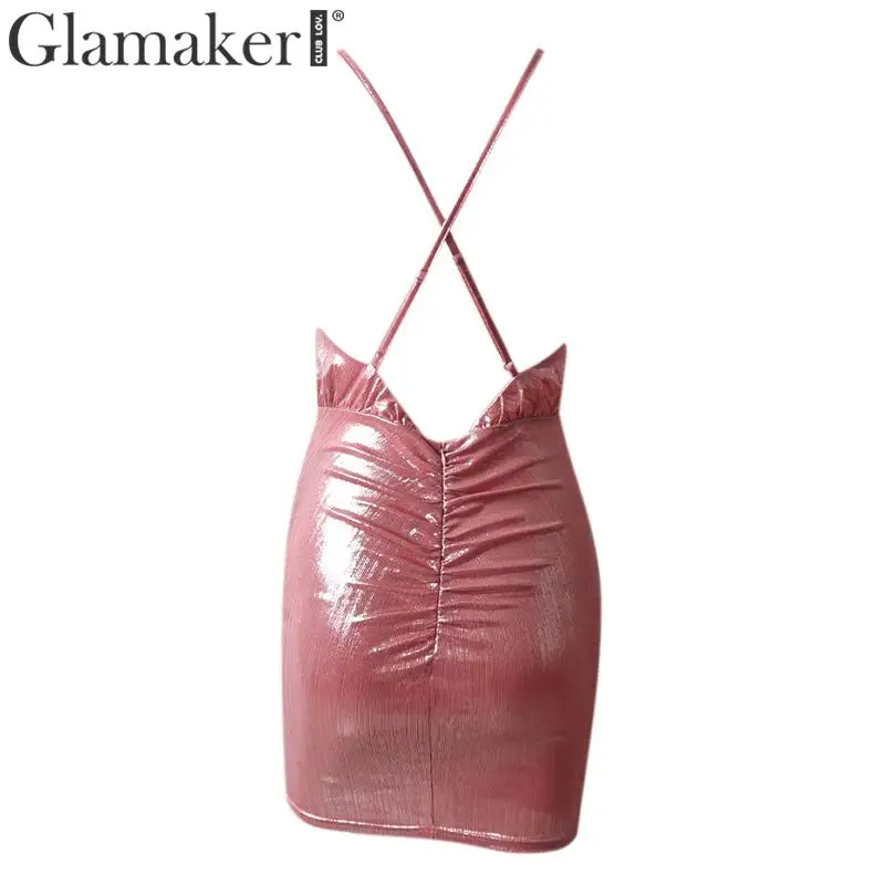 Glamaker, сексуальное розовое платье с открытой спиной и v-образным вырезом, Элегантные Осенние вечерние бодикон для ночного клуба, новое женское платье без рукавов, короткое платье с люрексом