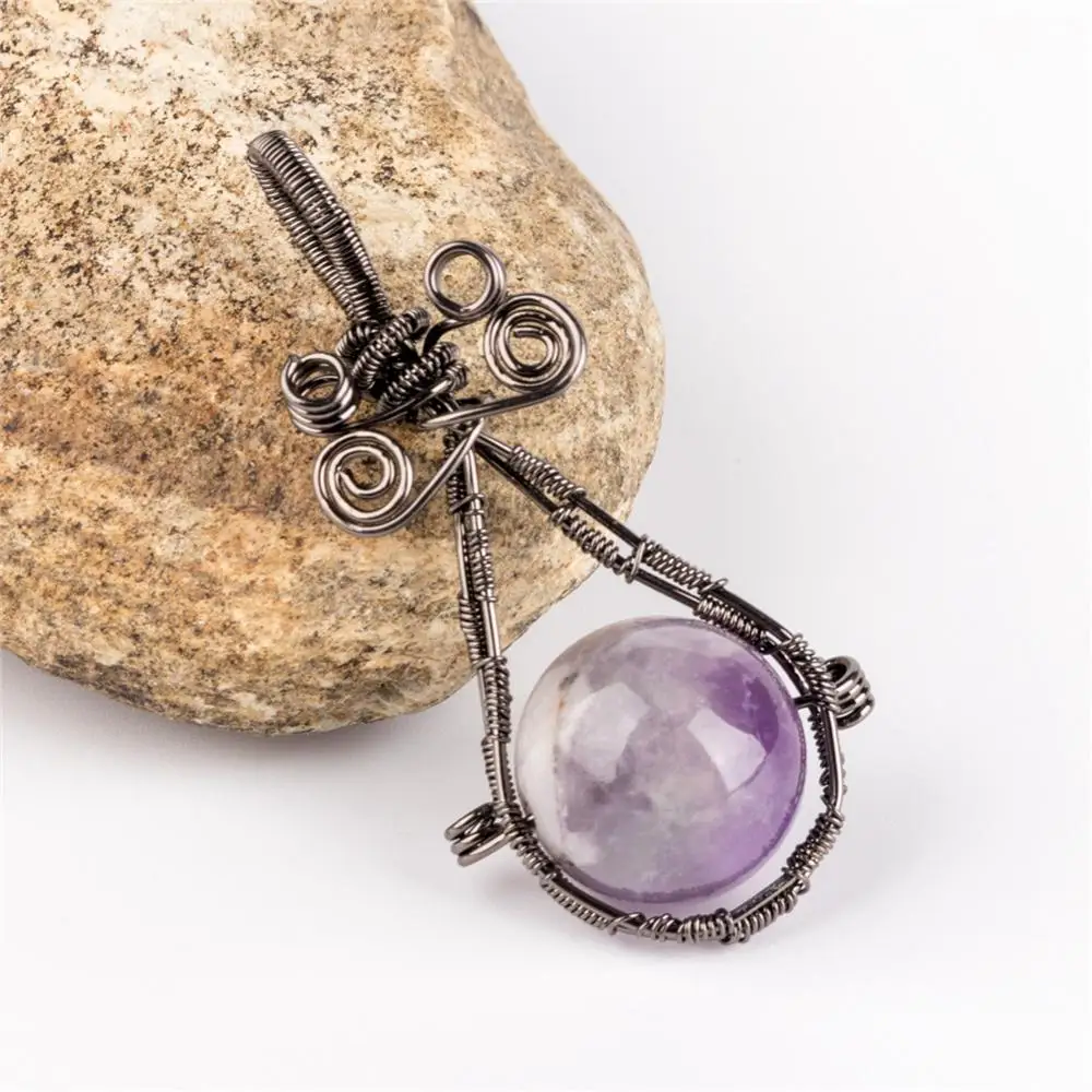 

Retail 1pc Natural stone Hand-wrapped natural crystal obsidian agates round bead winding water drop creative pendant