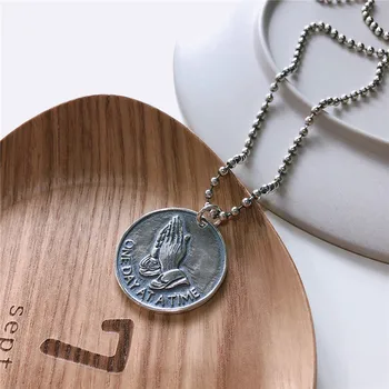 

RUIYI Vintage Religious Style 925 Sterling Silver Prayer of Faith Pendant Necklace Women Distressed Beads Chain Wedding Necklace