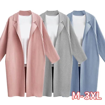 

New Notched Collar Cardigan Long Trench Coat Women Slim Long Sleeve Female Outwear Autumn Oversize Office Lady Coat